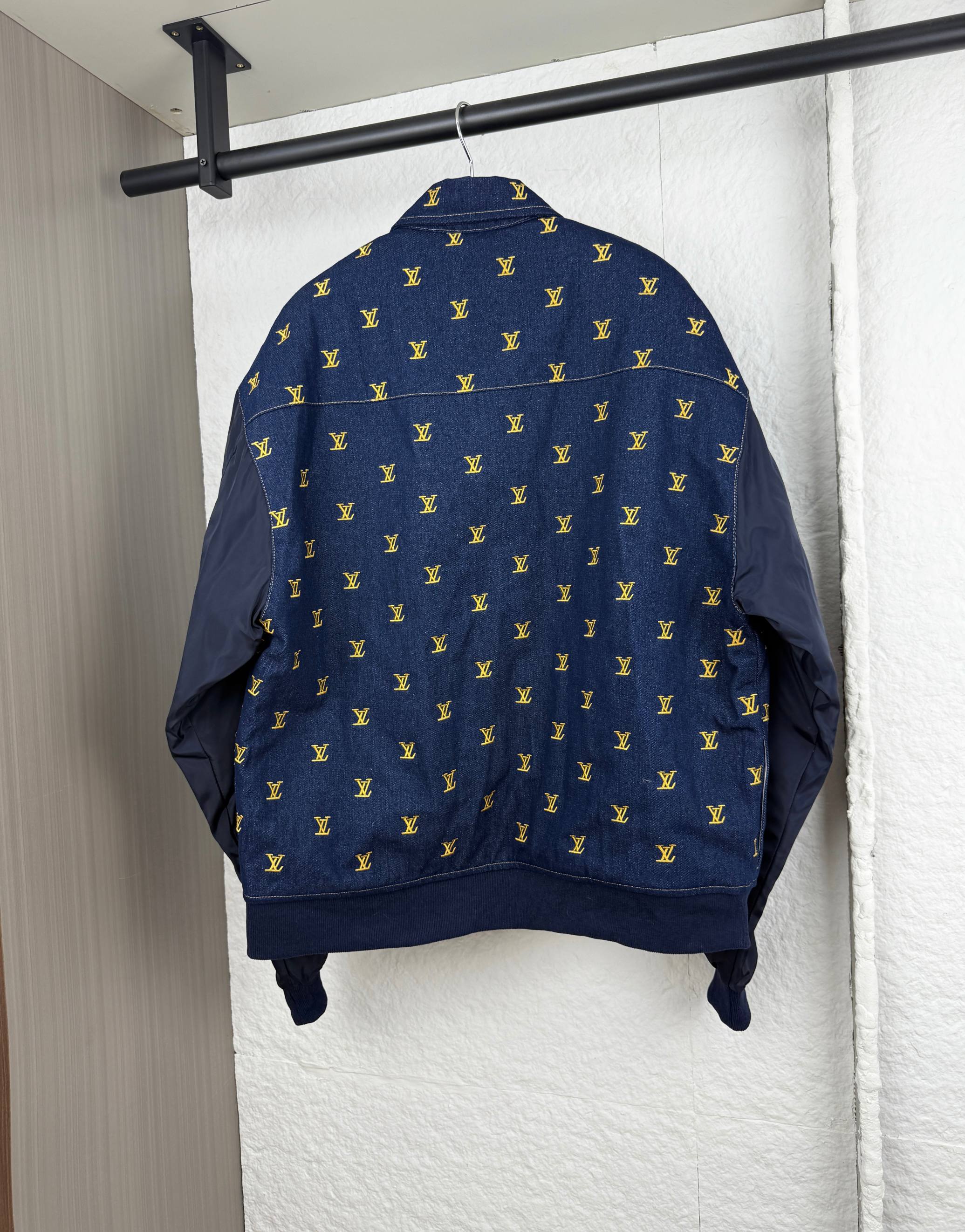 Louis Vuitton denim jacket, dark blue with repeating yellow monogram, full zip