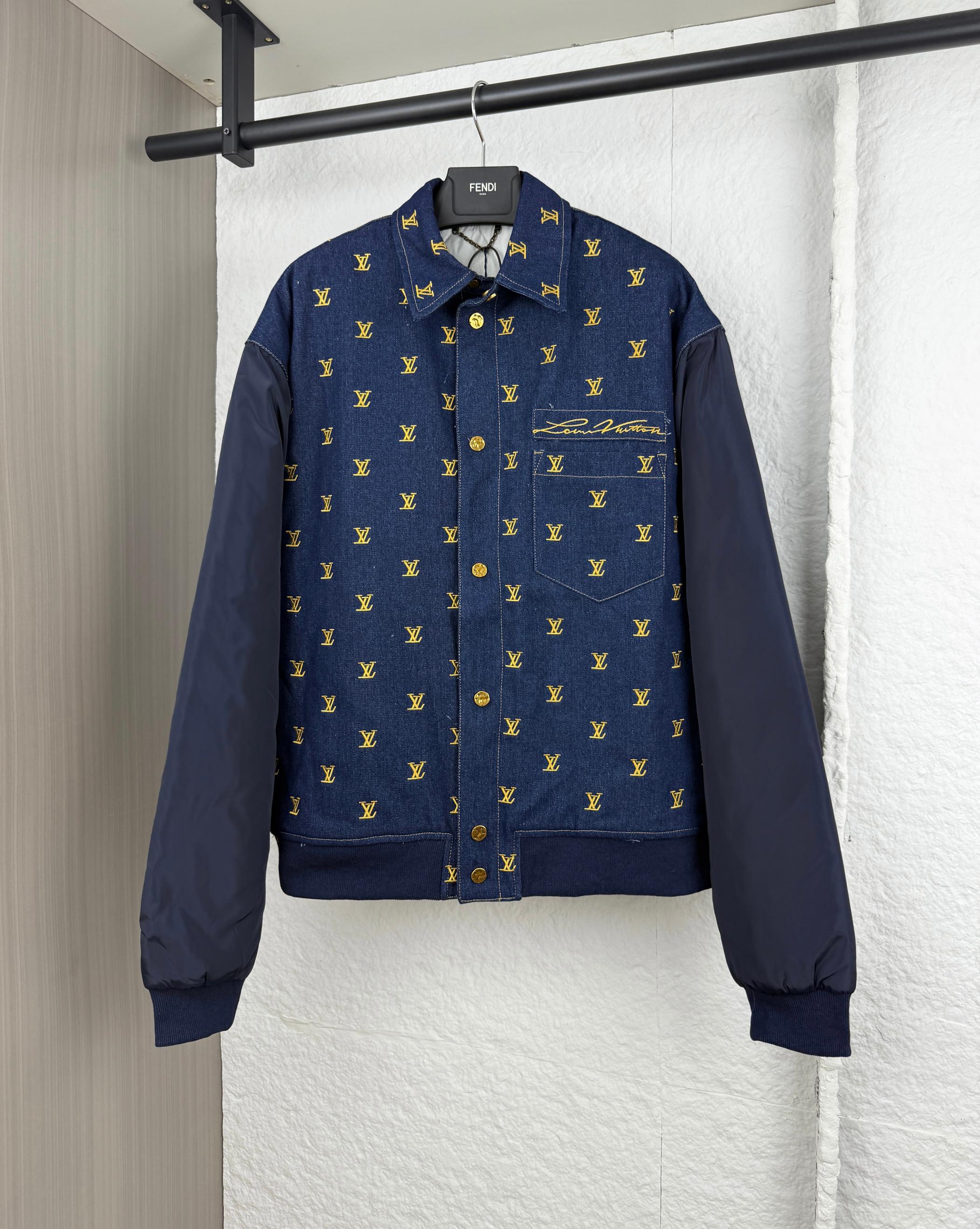 Louis Vuitton denim jacket in dark blue with yellow monogram print, full zip