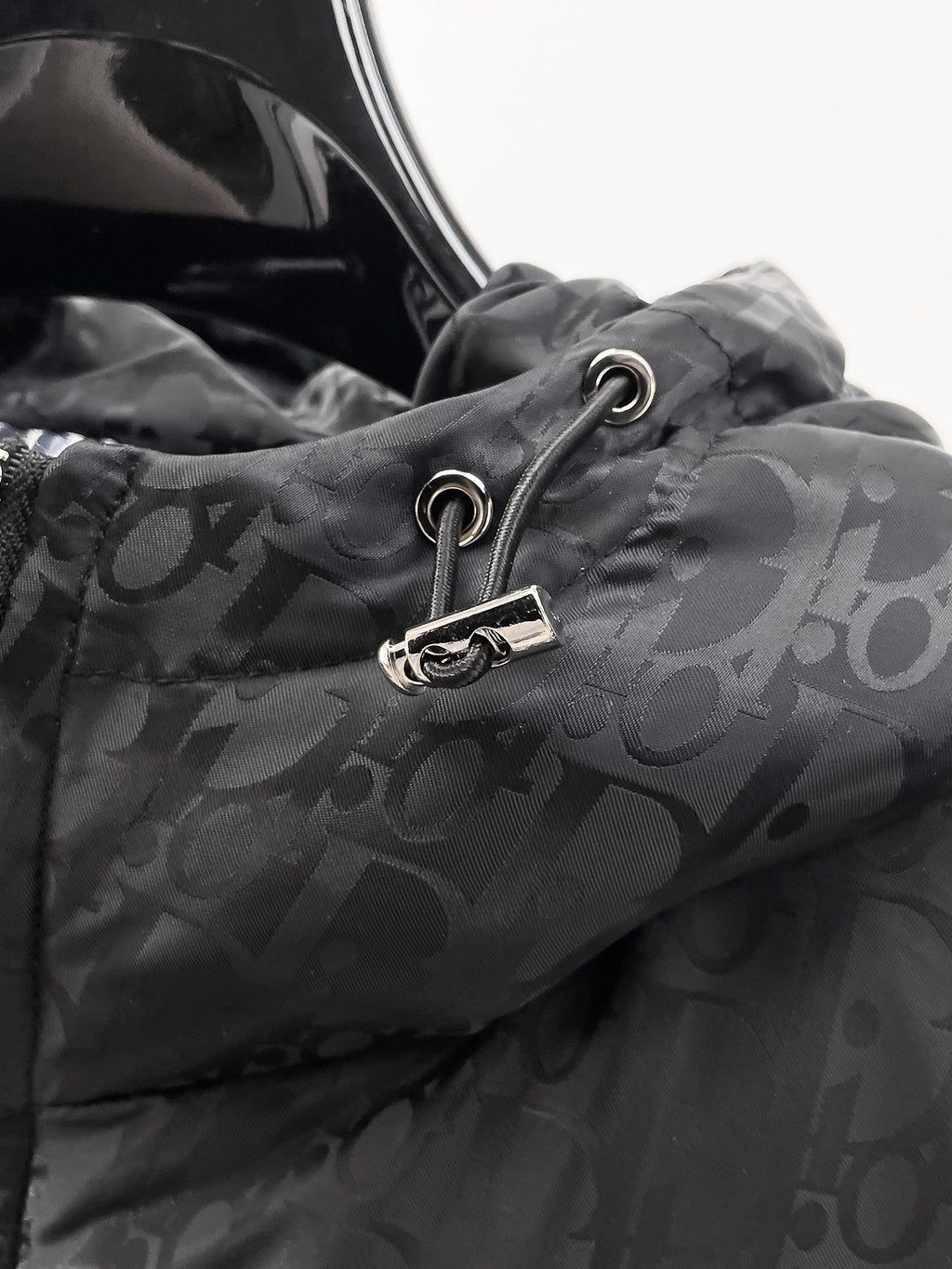 Dior hooded puffer jacket close-up, front drawstring cord with metal ring