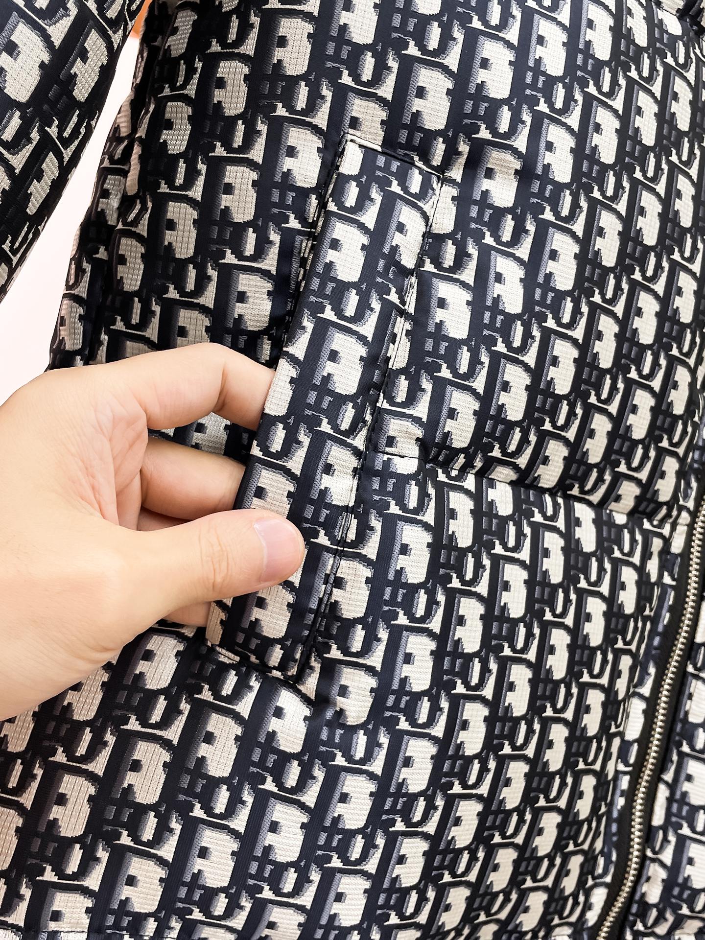 Dior logo-print hooded jacket close-up, zipper track and patterned fabric