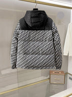 Dior long hooded jacket back view, full-zip, black-and-white logo print