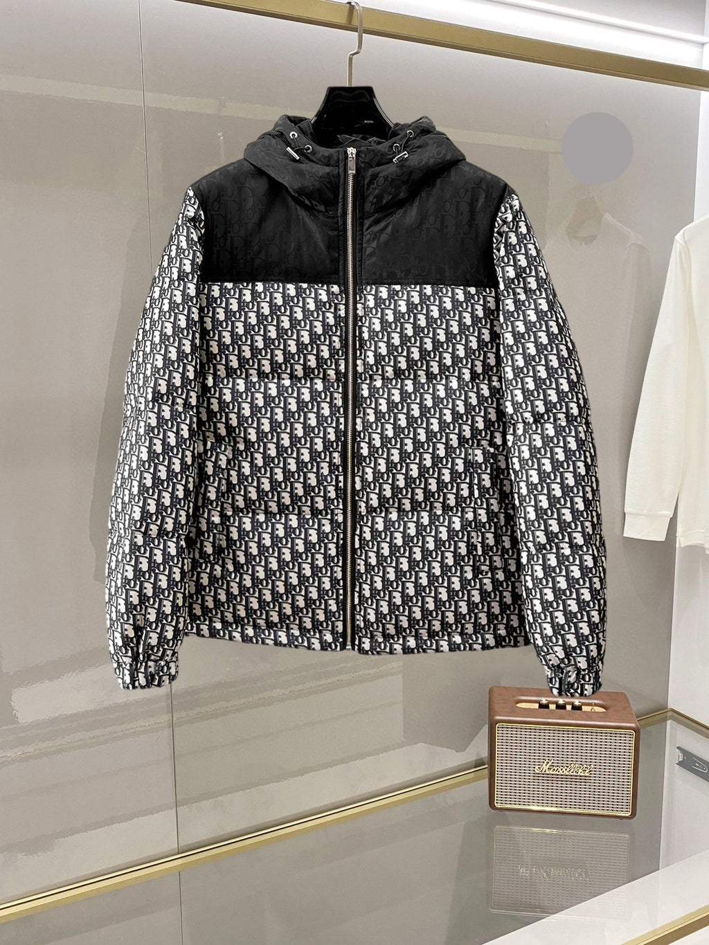 Dior long hooded jacket, full-zip, black-and-white logo print