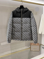 Dior long hooded jacket, full-zip, black-and-white logo print