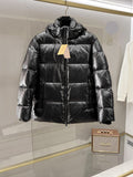 Burberry long puffer jacket, dark shiny black, full front zip, stand collar, hoodless.