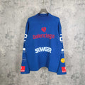 Blue long-sleeve sweater with red and white logo graphics and ribbed crew neck
