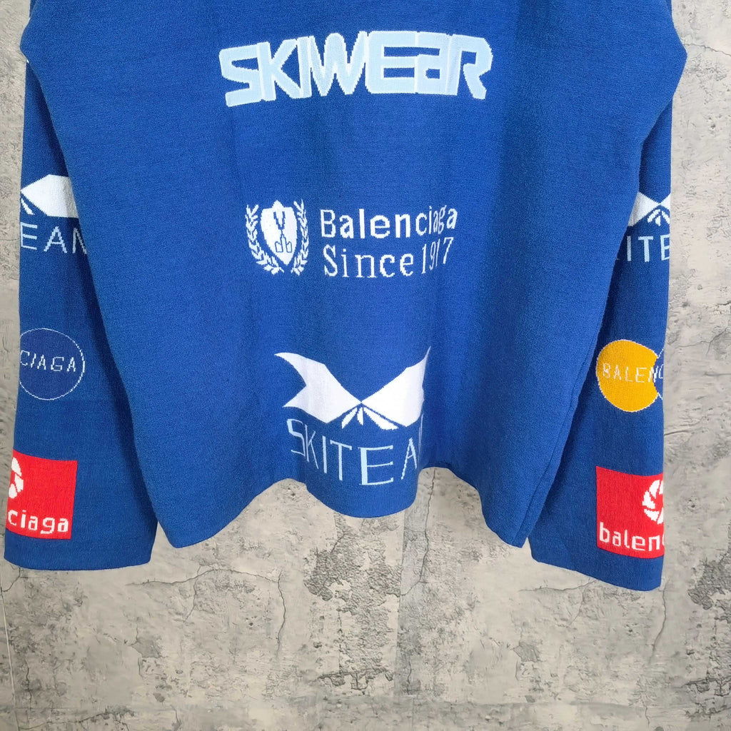 Blue long-sleeve shirt front with Balenciaga Since 1917 emblem and 'SKITER' graphic