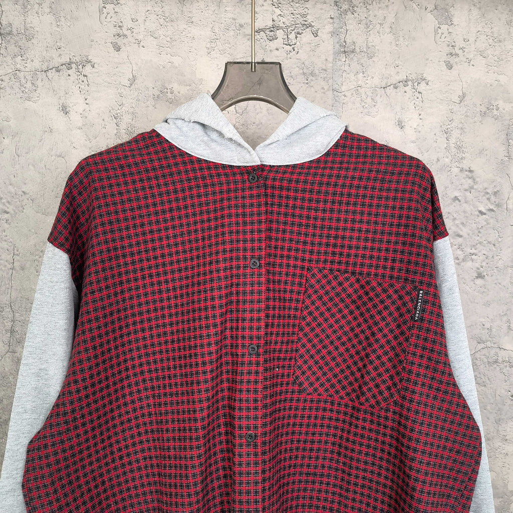 Red and black check button-up hoodie with light gray hood and chest pocket