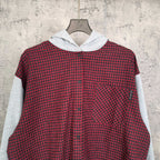 Red and black check button-up hoodie with light gray hood and chest pocket