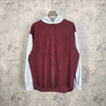 Red and black check long-sleeve hoodie with light gray hood and front pocket