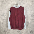 Red and black check long-sleeve hoodie with light gray hood and front pocket