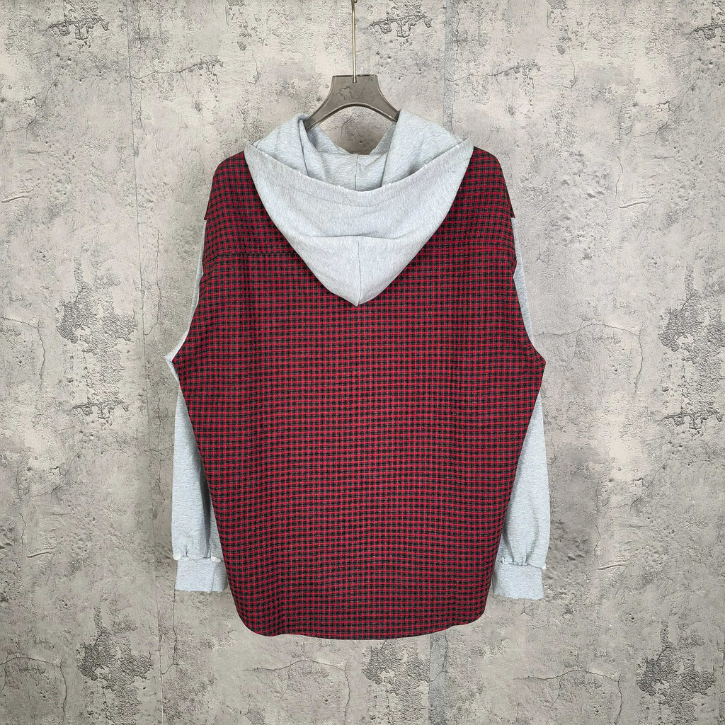 Red and black check sleeveless tunic hoodie with light gray hood