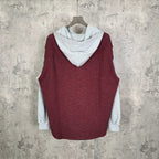 Red and black check sleeveless tunic hoodie with light gray hood