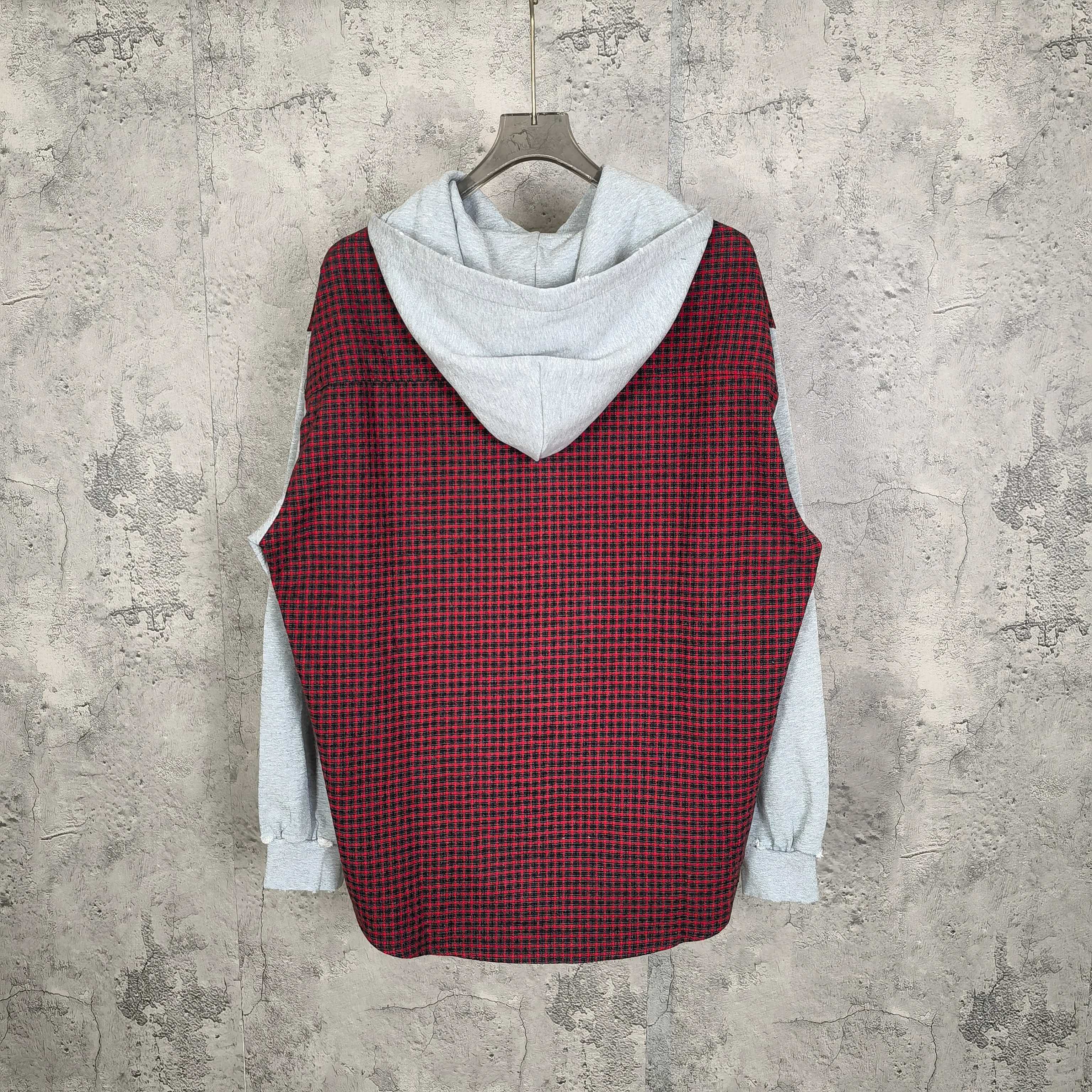 Red and black check sleeveless tunic hoodie with light gray hood