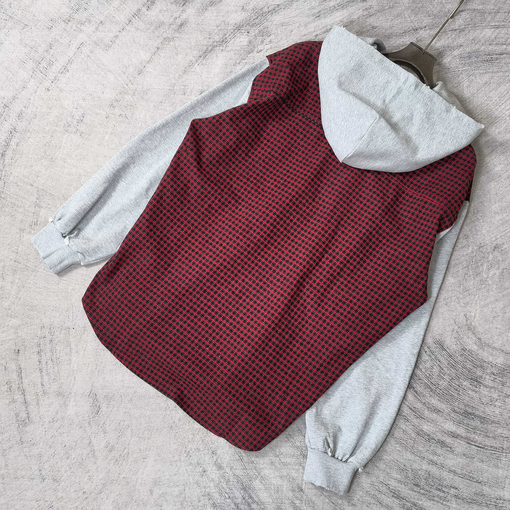Red and black check hoodie vest with light gray hood and long sleeves