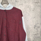 Red and black check button-front hoodie with light gray sleeve trim