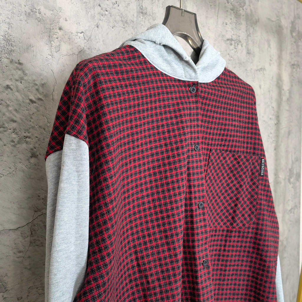 Red and black check button-front hoodie with light gray hood and sleeves
