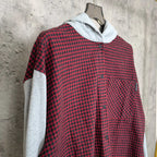 Red and black check button-front hoodie with light gray hood and sleeves