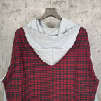Red and black check hoodie vest with oversized light gray hood