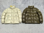 Moncler puffer jacket pair: cream and olive, padded quilted fronts