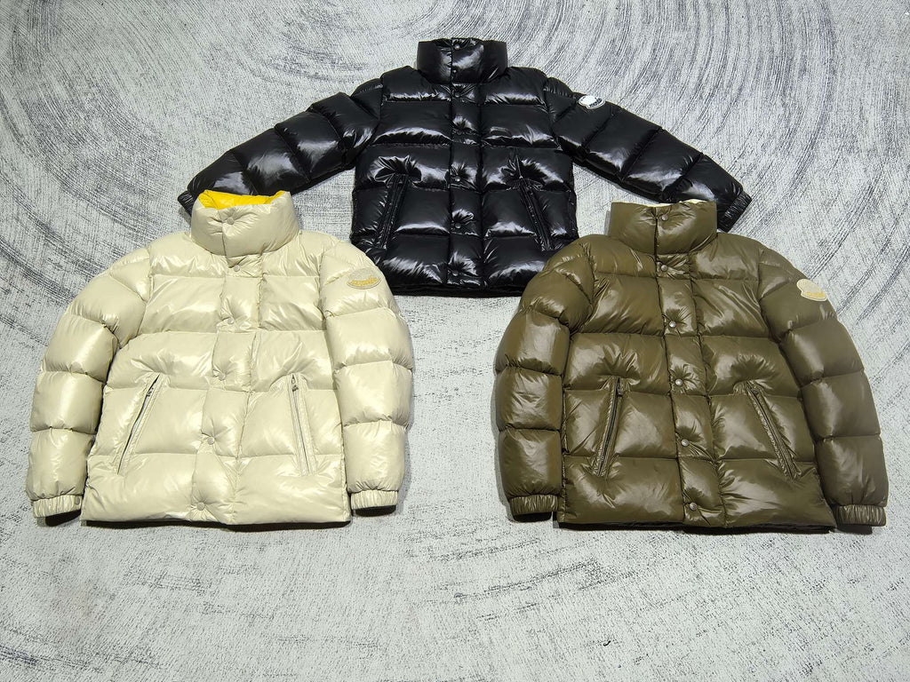 Moncler puffer jacket pair: light yellow and olive, quilted front view