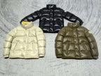 Moncler puffer jacket pair: light yellow and olive, quilted front view