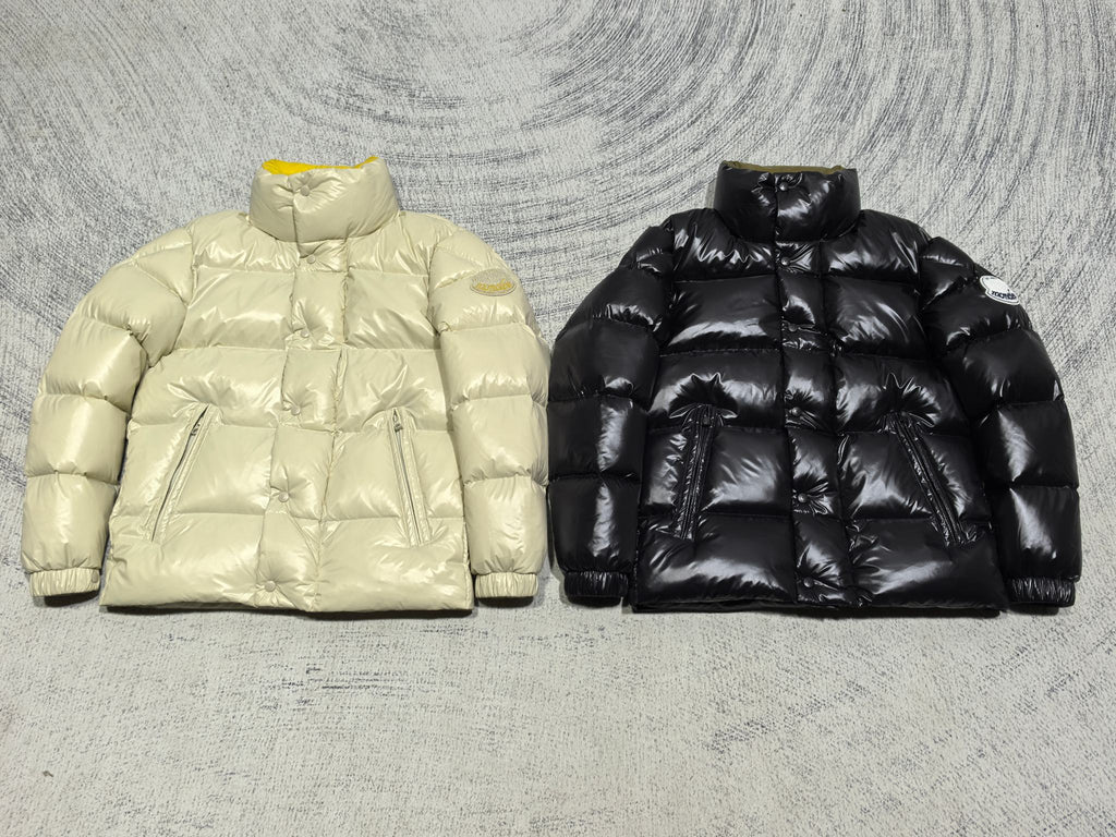 Moncler puffer jacket pair: cream and black, quilted padded fronts