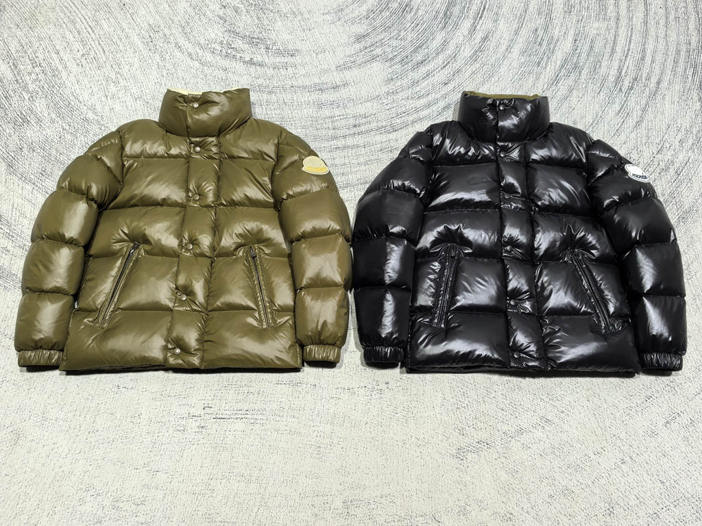Moncler puffer jacket pair: olive green and black, quilted padded fronts