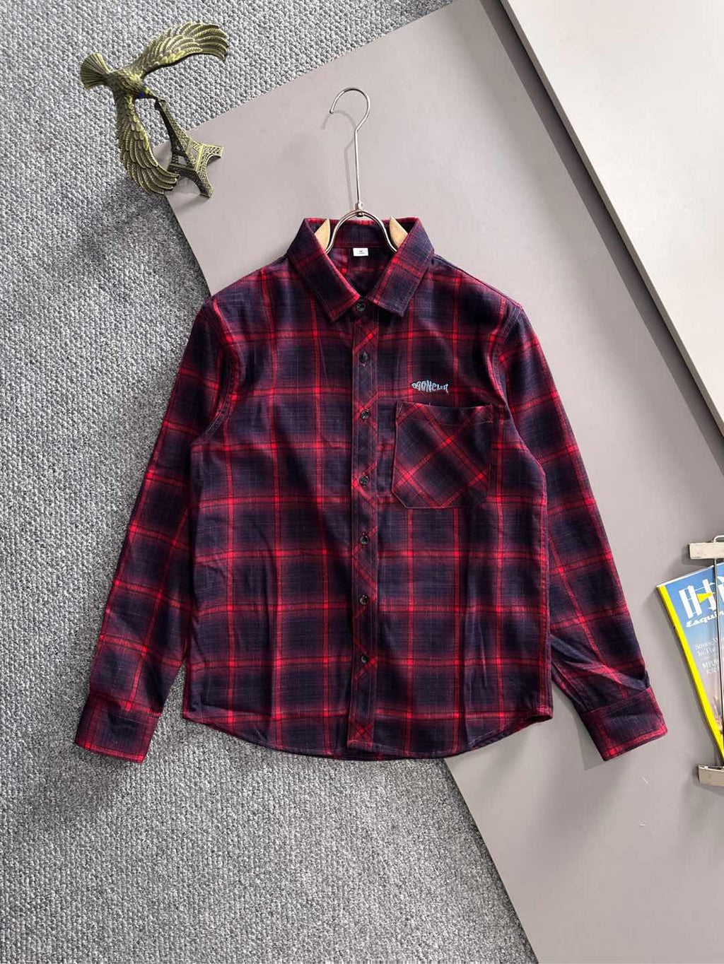 Long-sleeve plaid shirt, red and dark blue, button front with chest pocket