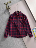 Long-sleeve plaid shirt, red and dark blue, button front with chest pocket