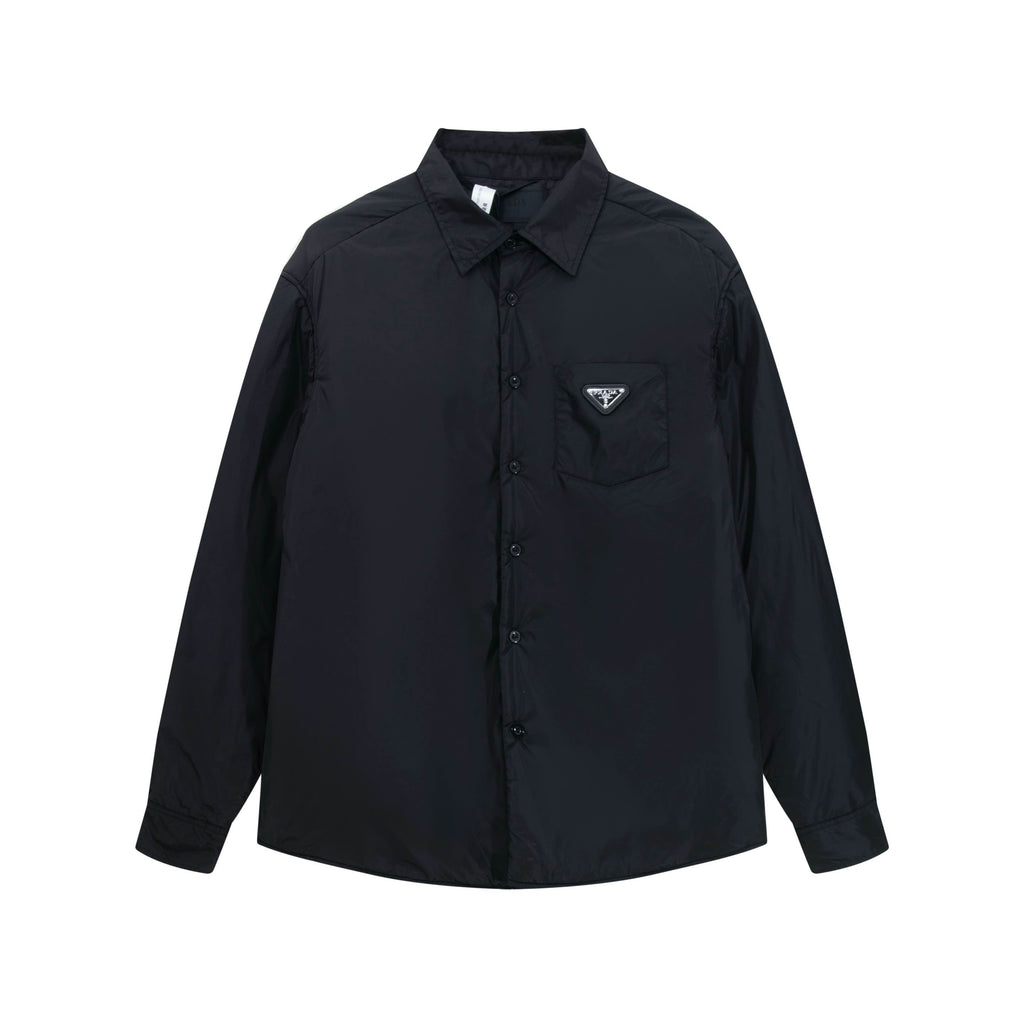 Black Prada long-sleeve button-up shirt with chest pocket and logo patch