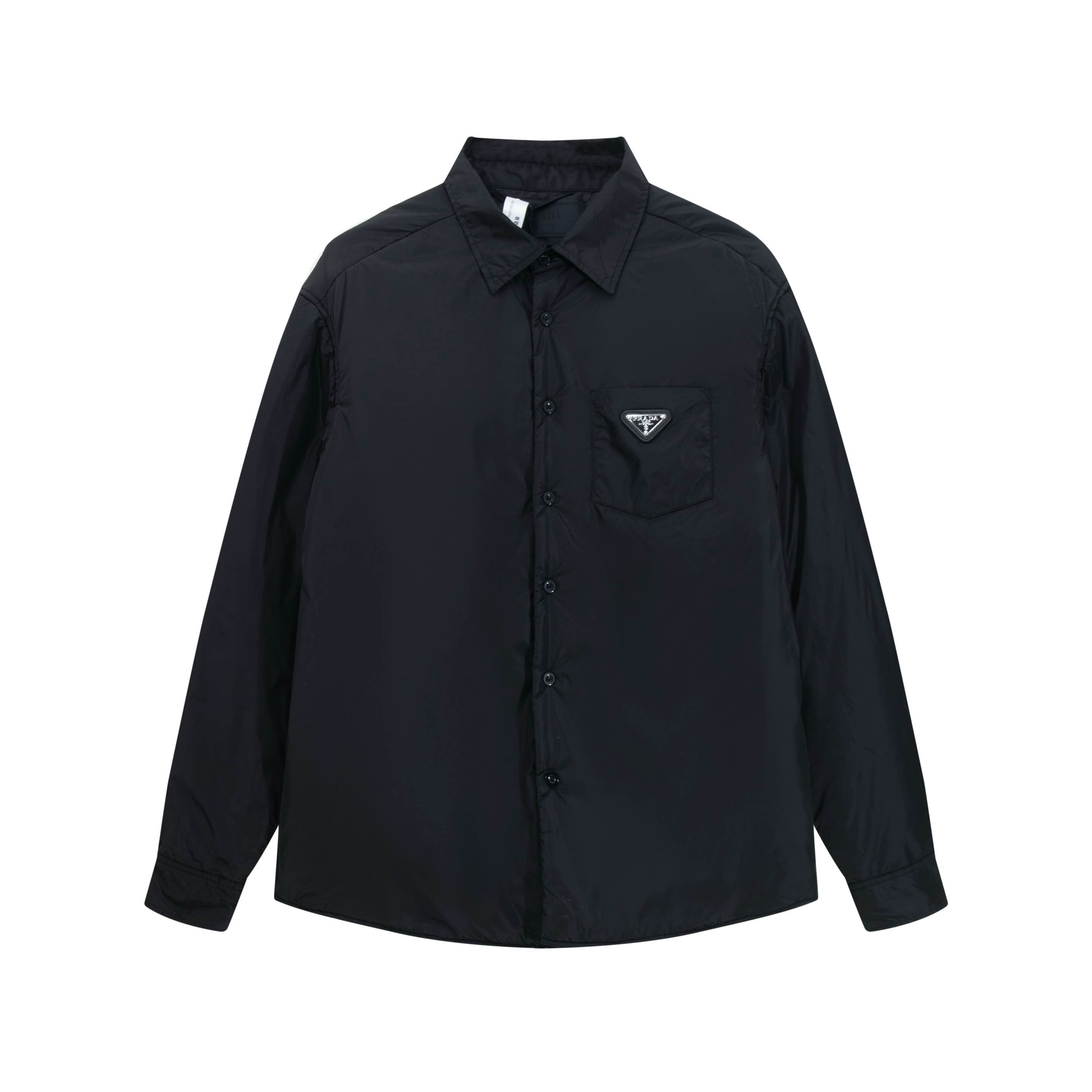 Black Prada long-sleeve button-up shirt with chest pocket and logo patch