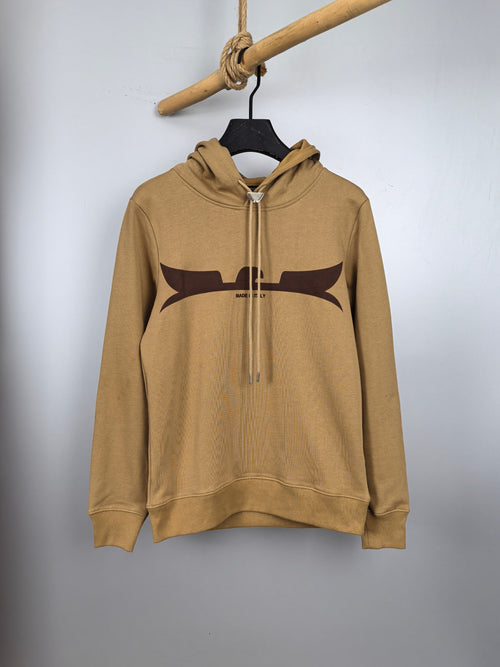 Tan zip-up hoodie with graphic band across chest and hood, front view