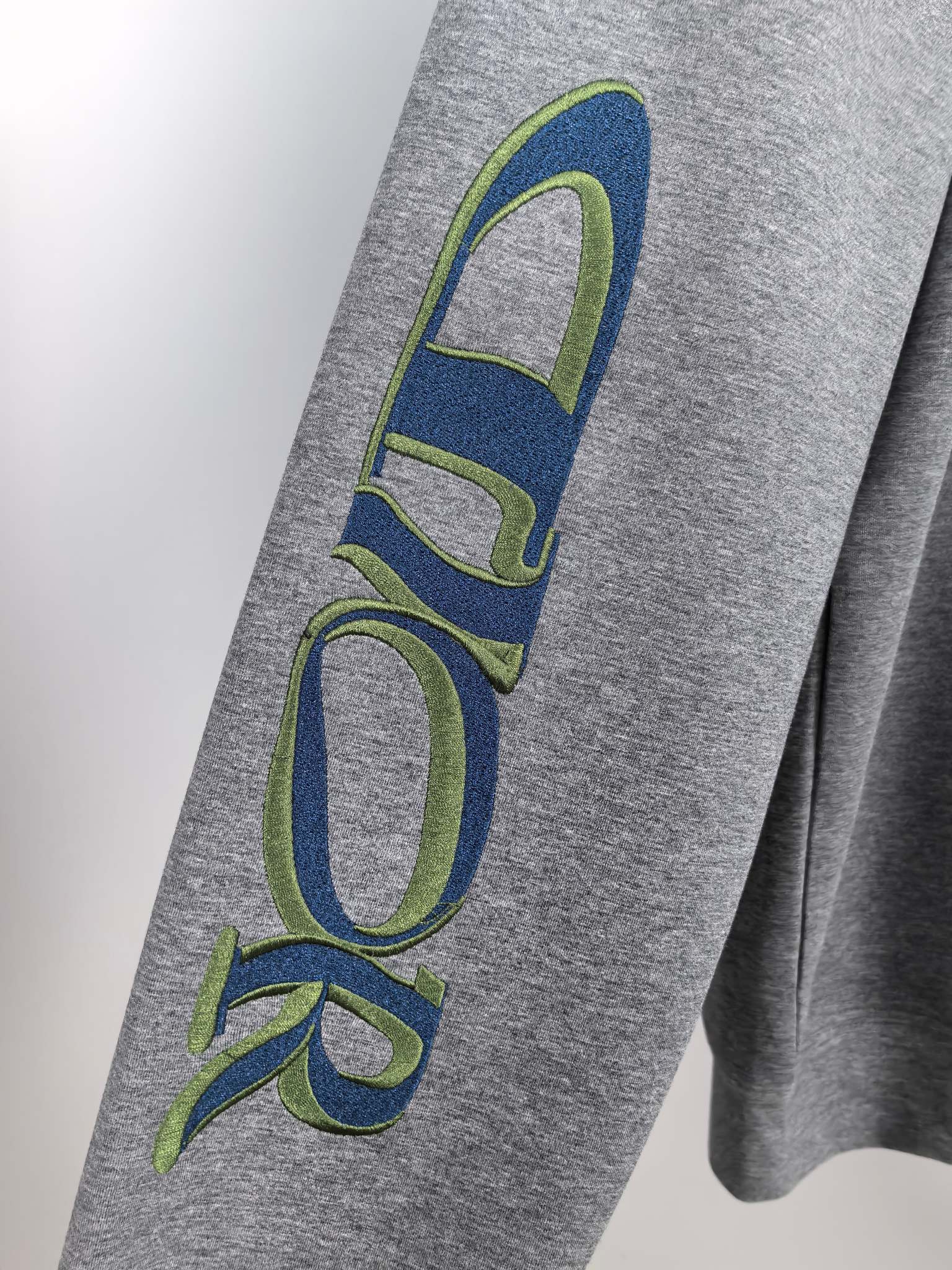 Dior long-sleeve sweatshirt heather gray with large blue-green “Dior” sleeve print