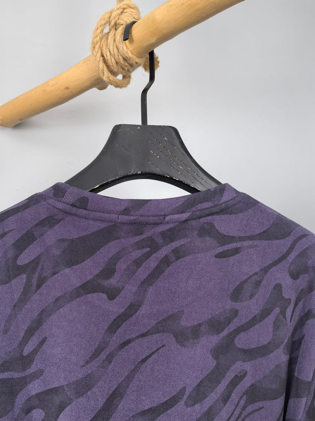 Off-White crewneck sweatshirt, purple camo print, crew neckline