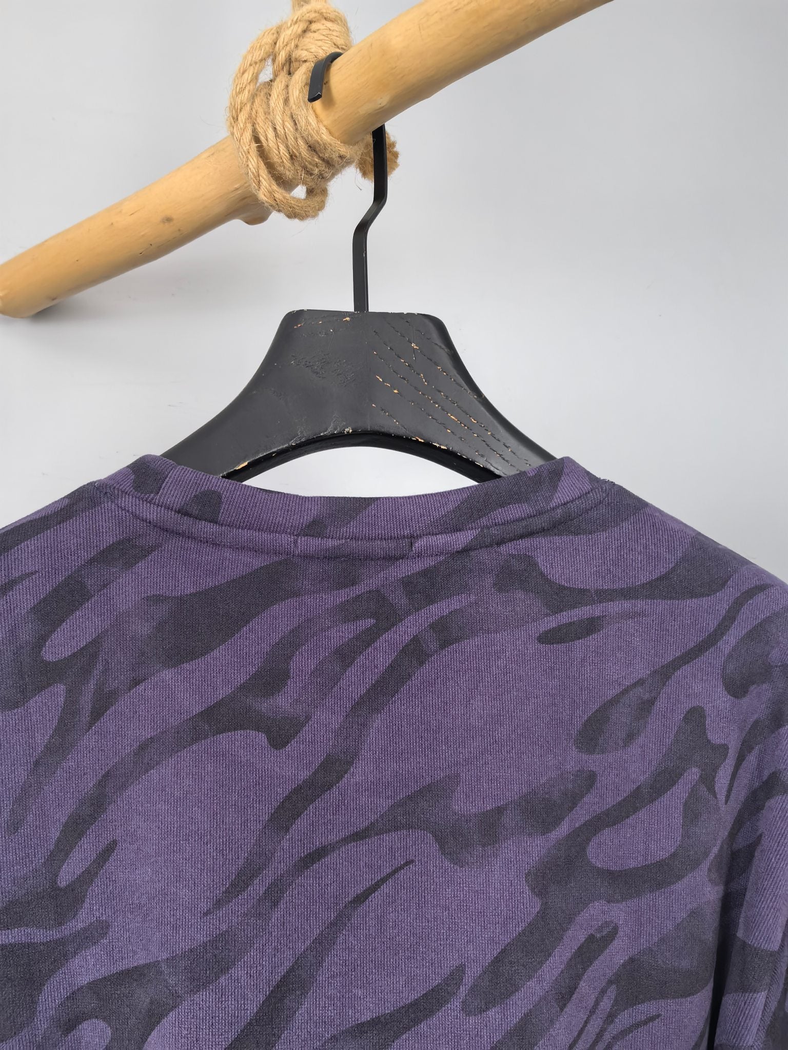 Off-White crewneck sweatshirt, purple camo print, crew neckline