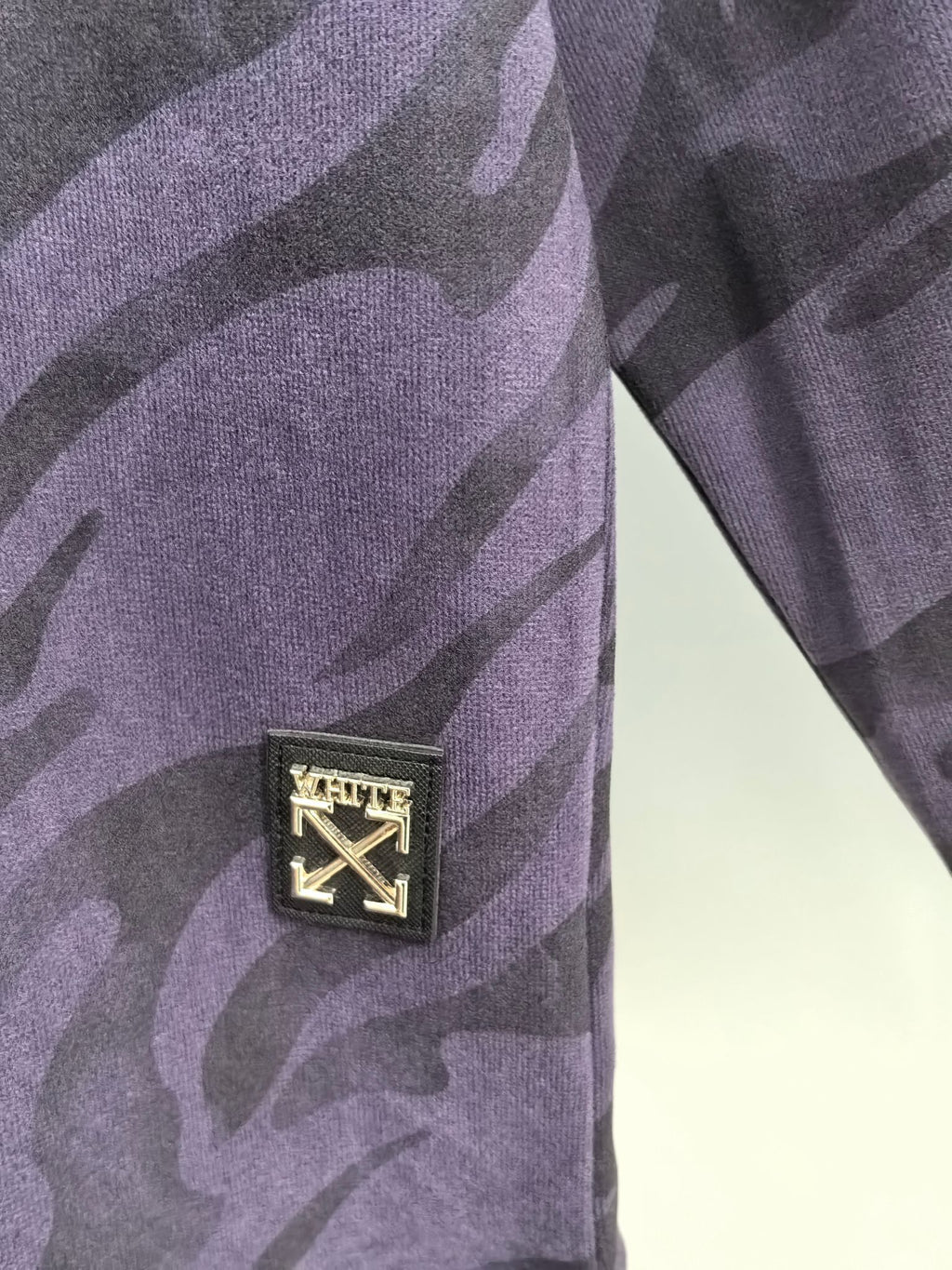 Off-White crewneck sweatshirt with square chest logo patch, purple camo