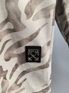 Embroidered logo patch on camo crewneck sweatshirt, off-white and taupe