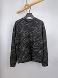 Camo crewneck sweatshirt with long sleeves, dark gray and olive pattern
