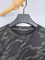 Camo crewneck sweatshirt neckline detail with label on inner collar