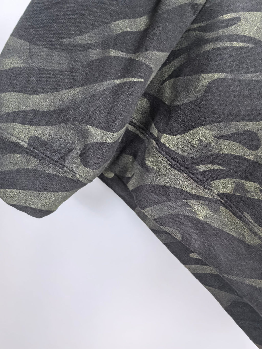 Camo crewneck sweatshirt sleeve seam, dark gray with muted olive tones