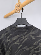 Camo crewneck sweatshirt hanging, close-up of upper chest and collar