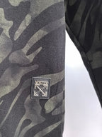 Camo crewneck sweatshirt with rectangular logo patch on sleeve, dark gray