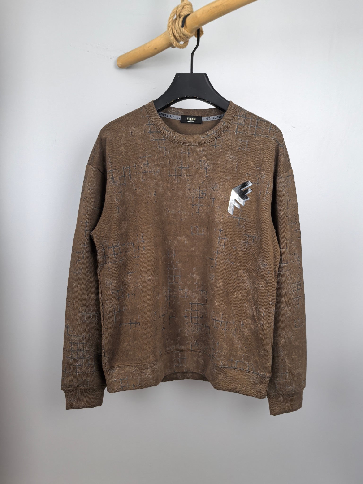 Fendi long-sleeve sweatshirt in brown with blue logo-style print, crew neck