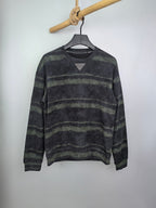 Prada crewneck sweatshirt, dark gray with green horizontal stripes, long sleeves.