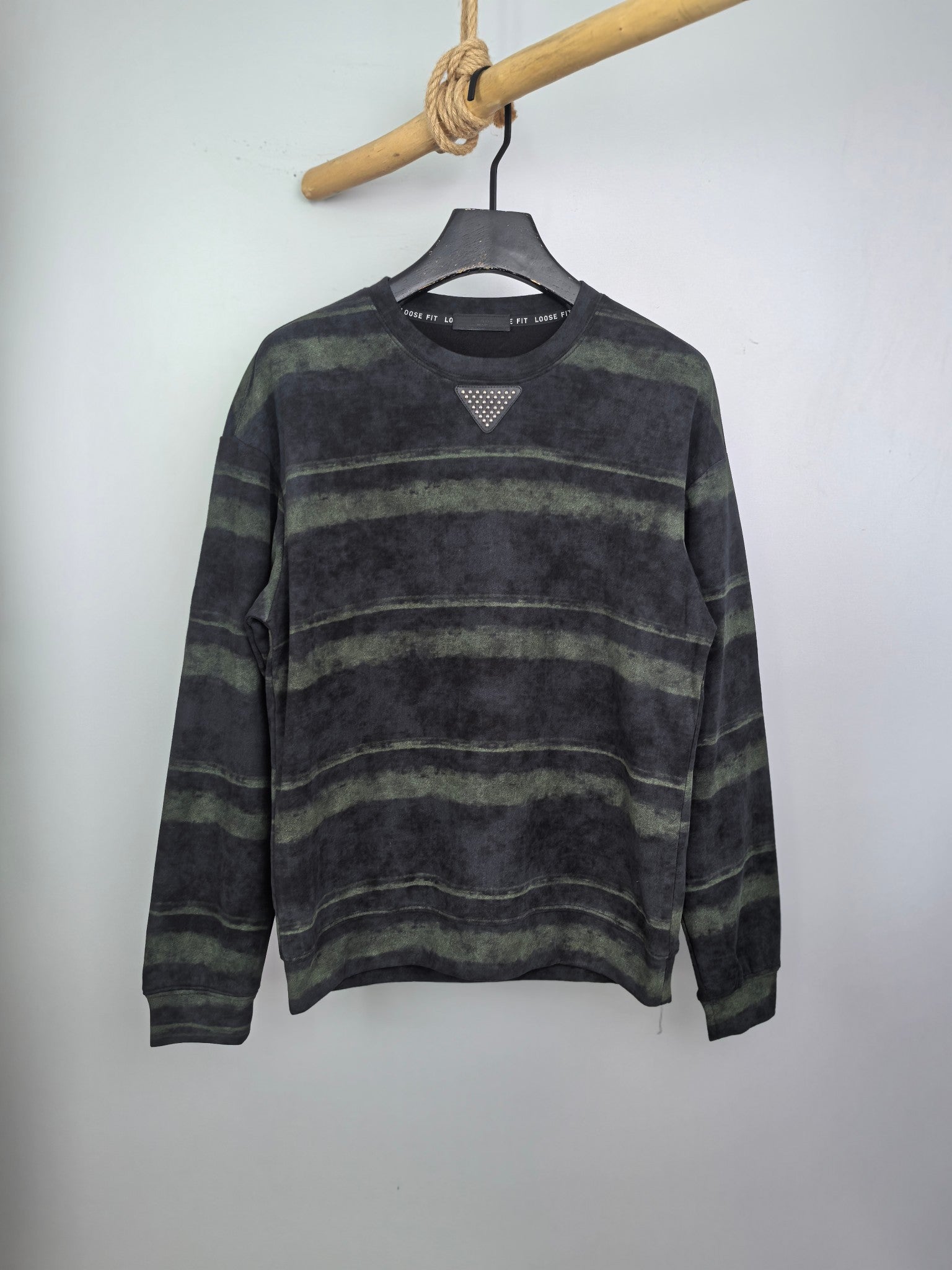Prada crewneck sweatshirt, dark gray with green horizontal stripes, long sleeves.