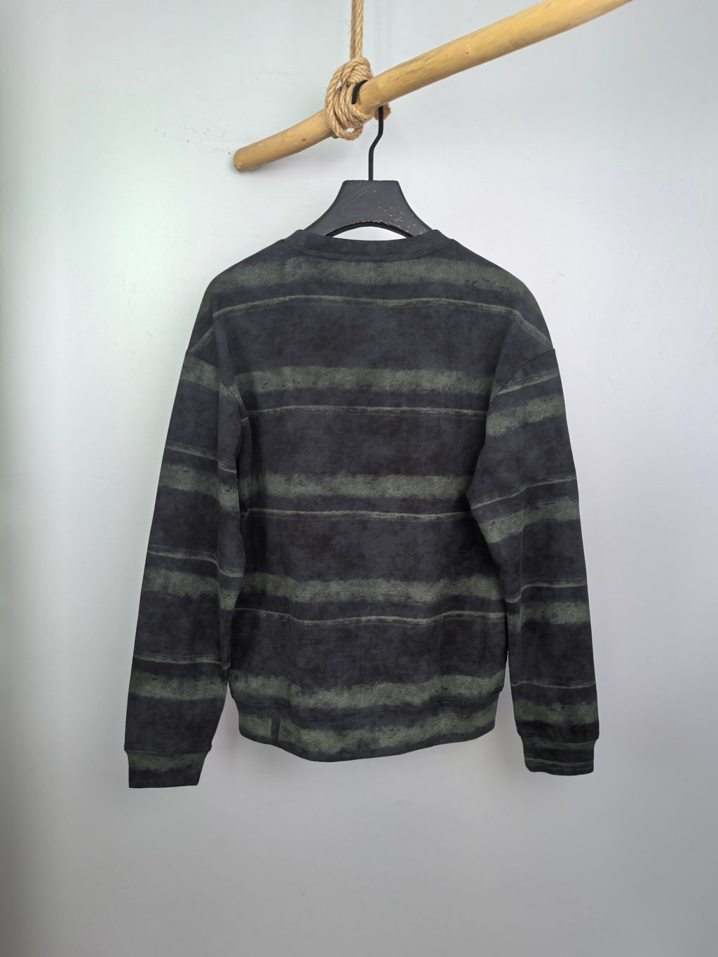 Prada crewneck sweatshirt, dark gray with green horizontal stripes, back view.