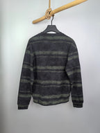 Prada crewneck sweatshirt, dark gray with green horizontal stripes, back view.