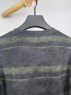 Prada crewneck sweatshirt, dark gray with green horizontal stripes, upper back view.