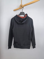 Dark gray zip-up hoodie with orange-lined hood and orange zipper cord detail