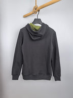 Dark gray zip-up hoodie back view with neon green hood lining and drawstrings